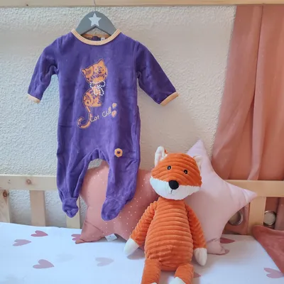 Pyjama une pièce - Thème Chat - Mauve et orange - 3 mois - Très bon état